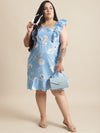 Flambeur Plus Size Blue Floral Flared Short Dress for Women